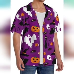 Men's Halloween Button Down Shirt Short‎ Sleeve 2XL Ghosts Pumpkins Bats New XXL
